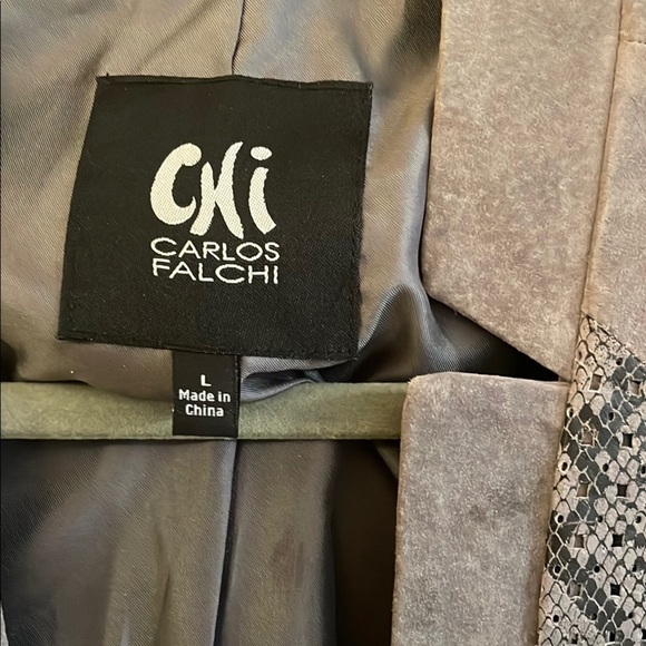 Carlos Falchi Gray Snake Print Perforated Leather Tie Front Suede Jacket - Picture 4 of 12